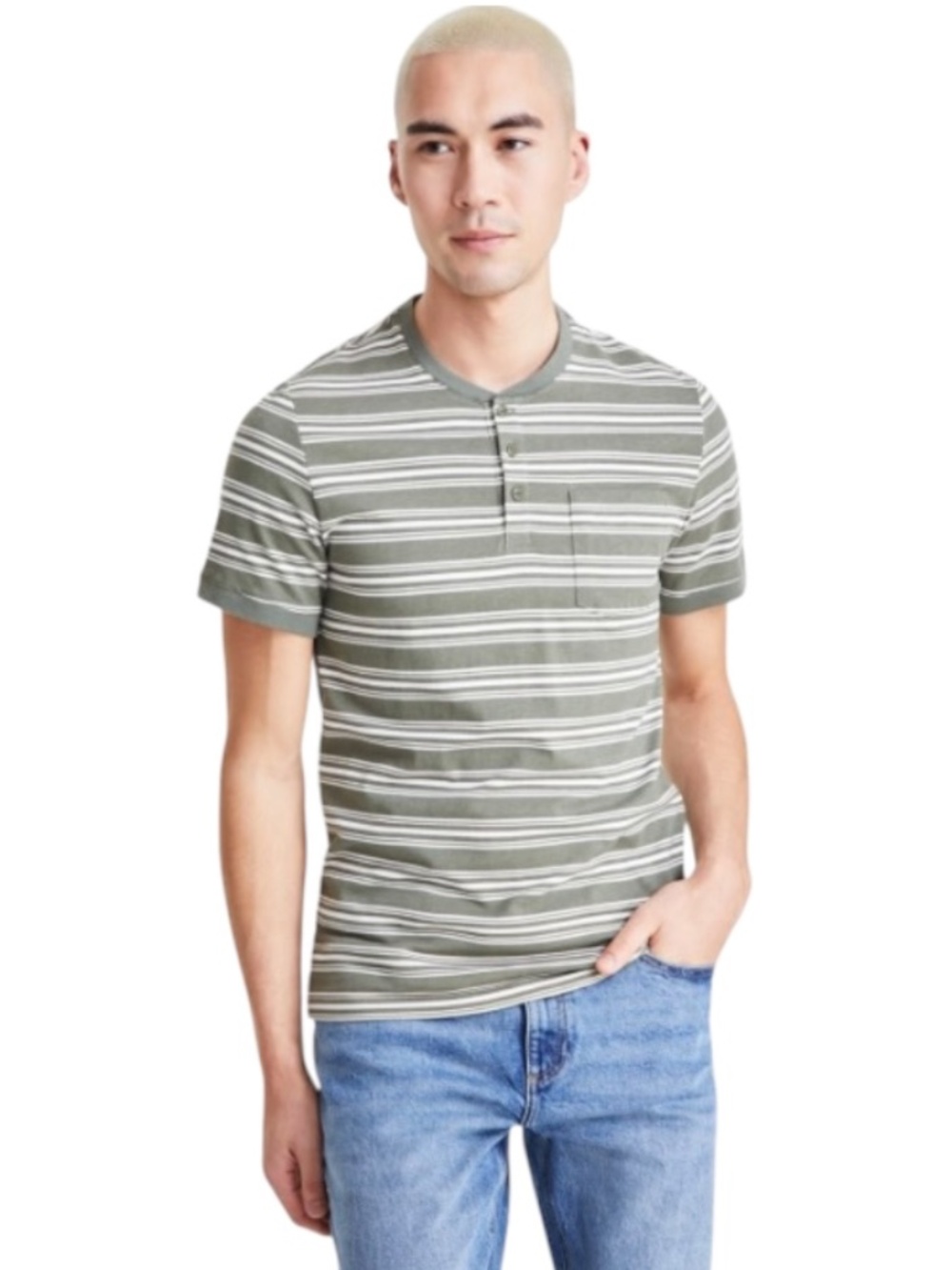 Sun + Stone Men's Marco Short Sleeve Striped Henley, Cavalry Green Size L - NWT